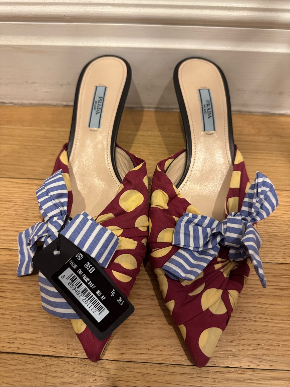 Prada Burgundy Polka Dot Pointed Mules with Blue Striped Bow